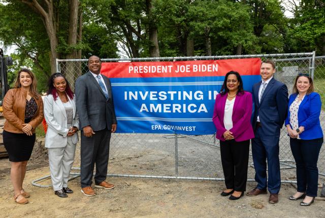 Photo of Rep. Sara Innamorato, Congresswoman Summer Lee, Pittsburgh Mayor Ed Gainey, EPA Assistant Administrator for Water Radhika Fox, PWSA CEO Will Pickering, and Senator Lindsay Williams mark historic federal water infrastructure investment.