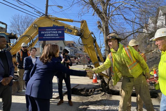 Vice President Kamala Harris meets PWSA construction crew removing a lead service line in the Elliott neighborhood located in the West End of Pittsburgh.