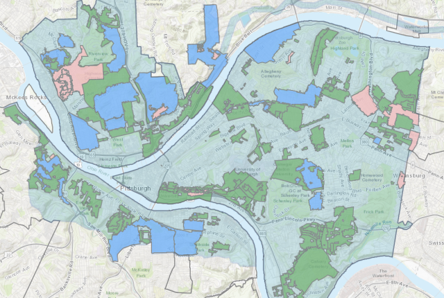 PWSA's lead service line replacement map. Green areas indicate completed work, blue areas indicate planned future work, and red areas indicate active work.